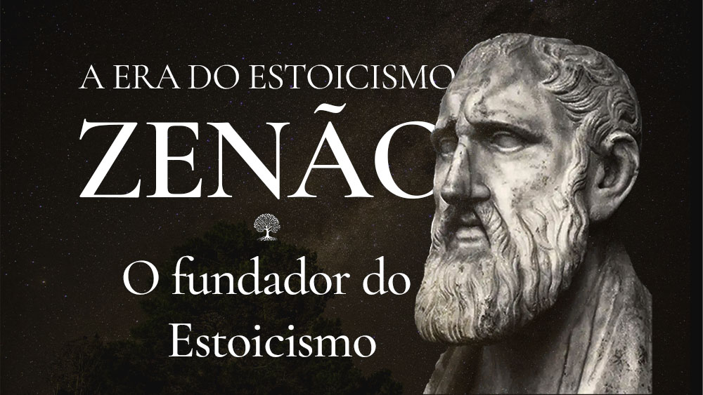 Capa do artigo Zenão, o fundador do estoicismo, com o busto de zenão sob um fundo escuro e estrelado.