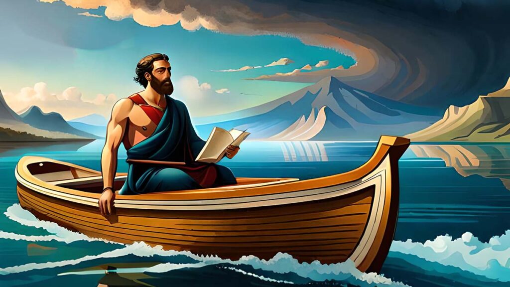 Na imagem há uma representação artística de Zenão em seu barco navegando pelo mediterrâneo. Zenão carrega consigo um livro. Ao fundo uma montanha e o céu que anuncia a chegada de uma tempestade.